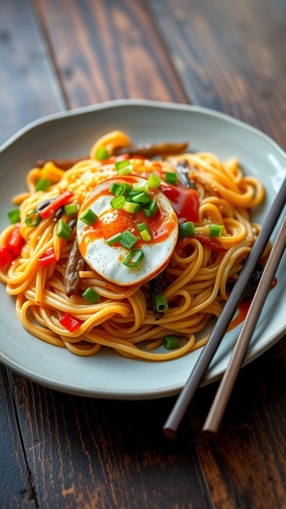 Savory Breakfast Noodles Recipe A plate of breakfast noodles with eggs and vegetables, garnished with green onions and Sriracha.